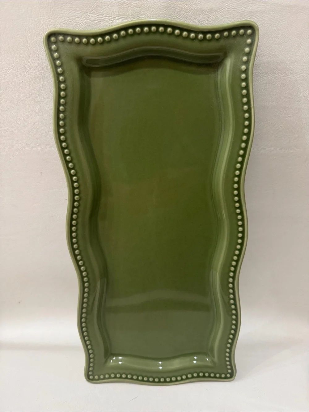 Princess House Pavillion Olive Green Ceramic Vanity Serving Tray Beaded Edge